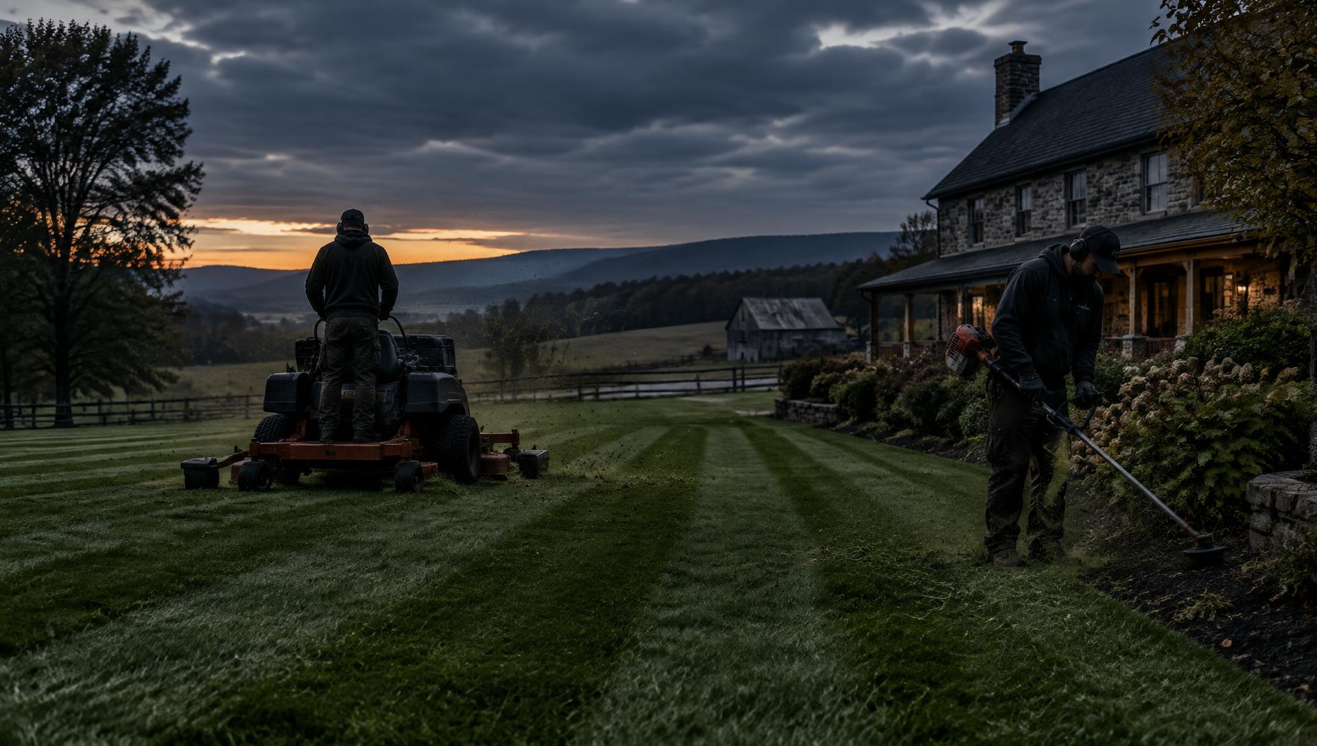 Lawn care crew mowing and trimming a residential property at dusk